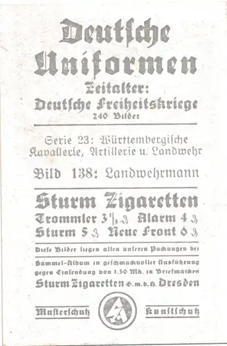 Sammelbild Deutsche Uniformen, Deutsche Freiheitskriege Serie 23 Bild 138, Württ. Landwehrmann