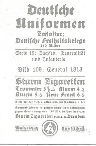 Sammelbild Deutsche Uniformen, Deutsche Freiheitskriege Serie 19 Bild 109, Sachsen General 1813