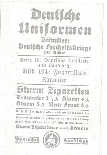 Sammelbild Deutsche Uniformen, Deutsche Freiheitskriege Serie 18 Bild 104, Bayr. Fußart.