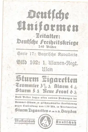 Sammelbild Deutsche Uniformen, Deutsche Freiheitskriege Serie 17 Bild 102, Bayr. 1.Ulanen Regt.