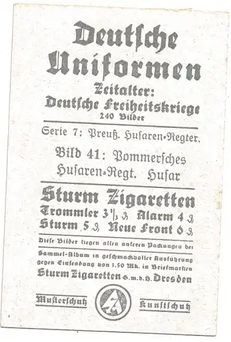 Sammelbild Deutsche Uniformen, Deutsche Freiheitskriege Serie 7 Bild 41, Pommersches Husaren Regt.