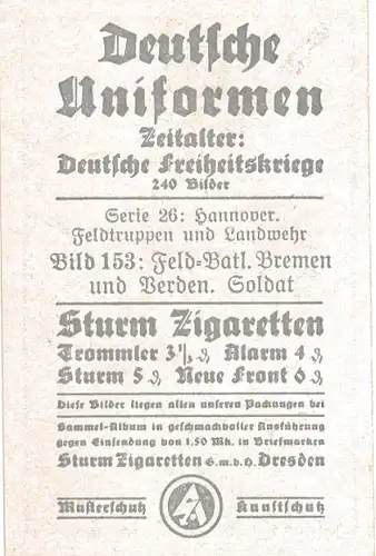 Sammelbild Deutsche Uniformen, Deutsche Freiheitskriege Serie 26 Bild 153, Feld Batl. Bremen