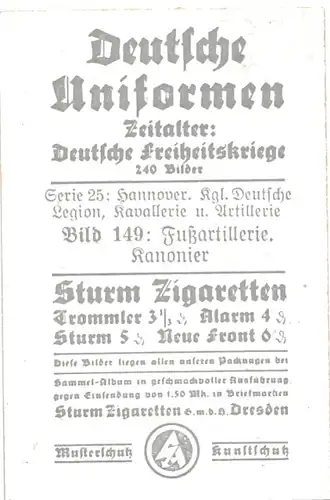 Sammelbild Deutsche Uniformen, Deutsche Freiheitskriege Serie 25 Bild 149, Hannov. Fußartillerie