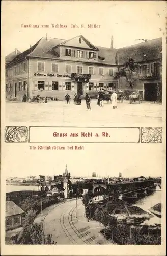 Ak Kehl am Rhein, Gasthaus zum Rehfuß, Rheinbrücken