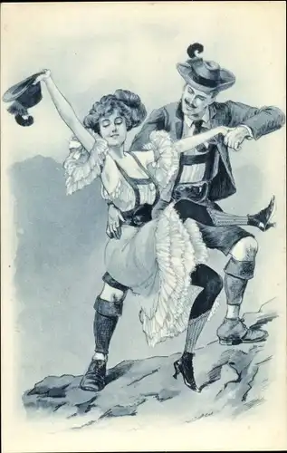 Ak Paar in Alpentracht, Lederhose, Dirndl, Strümpfe