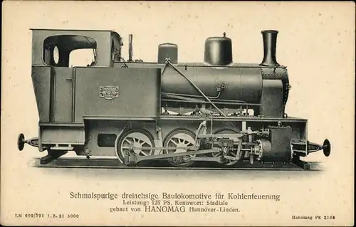 Ak Schmalspurige Baulokomotive für Kohlenfeuerung, Stadiale, HANOMAG Hannover Linden