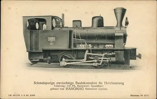 Ak Schmalspurige zweiachsige Baulokomotive für Holzfeuerung, Spundloch