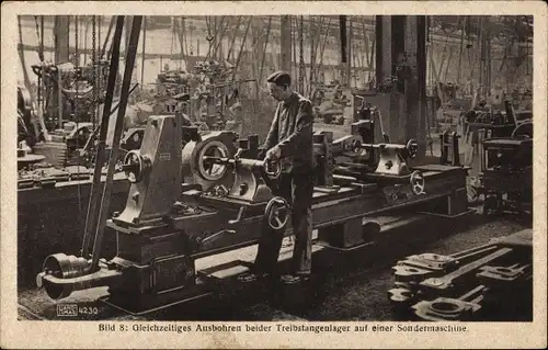 Ak HANOMAG Hannover Linden, Herstellung einer Lokomotivtreibstange, Ausbohren der Treibstangenlager
