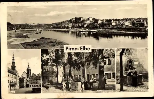 Ak Pirna in Sachsen, Panorama, Erlenpeterbrunnen, Markt, Plan