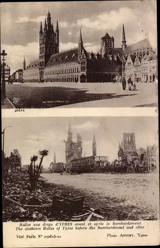 Ak Ypres Ypern Flandern, Halles aux draps avant et après le Bombardement