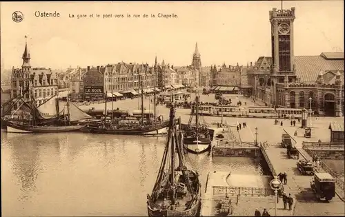 Ak Oostende Ostende Westflandern, La gare et le pont vers la rue de la Chapelle