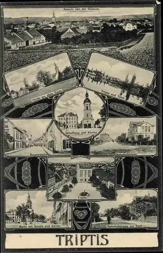 Ak Triptis in Thüringen, Gesamtansicht, Partie am alten Turm, Bahnhofstraße, Markt, Schule, Kirche