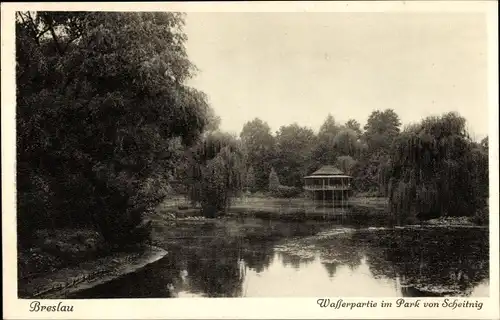 Ak Wrocław Breslau Schlesien, Wasserpartie im Park von Scheitnig