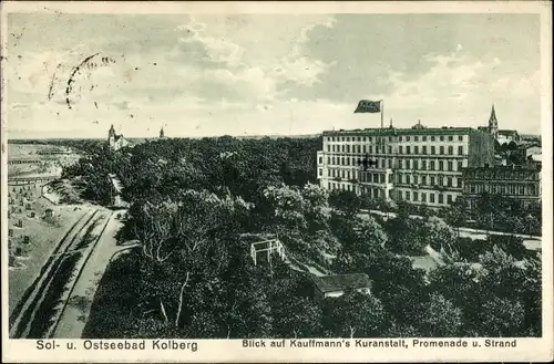 Ak Kołobrzeg Ostseebad Kolberg Pommern, Kaufmanns Kuranstalt, Promenade, Strand