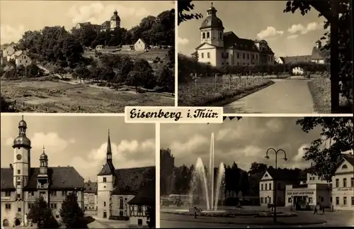 Ak Eisenberg in Thüringen, Brunnen mit Fontäne, Straßenpartie, Kirche, Türme