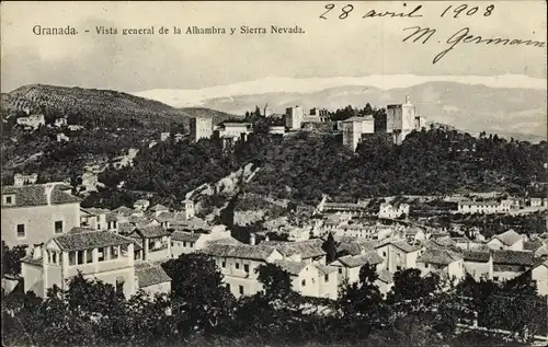 Ak Granada Andalusien Spanien, Vista general de la Alhambra y Sierra Nevada
