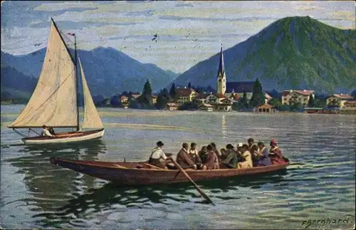 Künstler Ak Bernhard, F., Rottach Egern in Oberbayern, Tegernsee, Wallberg, Segelboot, Ruderkahn