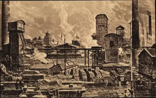 Künstler Ak Essen im Ruhrgebiet, Krupp'sche Fabrik, Zeche Sälzer u. Neuack