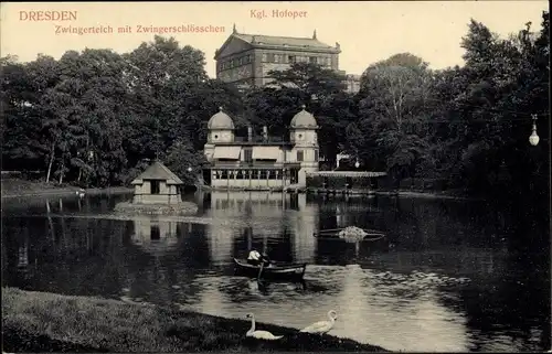 Ak Dresden Altstadt, Königlicher Zwinger, Zwingerteich mit Zwingerschlösschen, Kgl. Hofoper