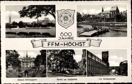 Ak Höchst Frankfurt am Main, 600 Jahre, Palast Bolongaro, Partie im Stadtpark, J.G. Farbenwerke