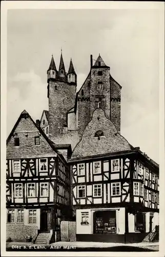 Ak Diez an der Lahn, Der alte Markt, Fachwerkhaus