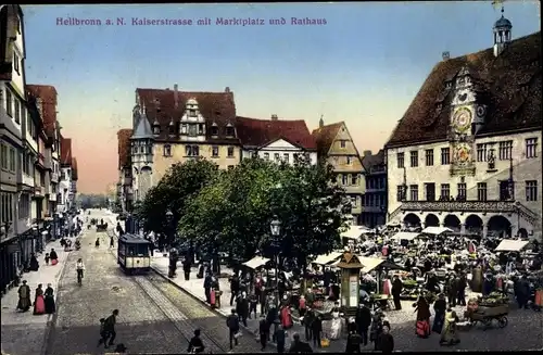 Ak Heilbronn am Neckar, Kaiserstraße mit Marktplatz und Rathaus