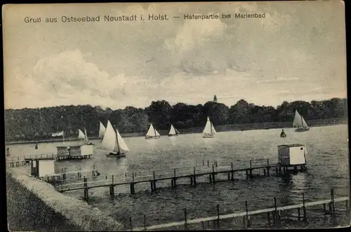 Ak Neustadt in Holstein, Hafenpartie bei Marienbad, Segelboote, Stege