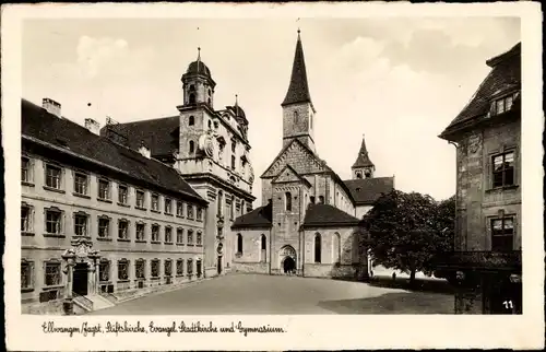 Ak Ellwangen an der Jagst Württemberg, Stiftskirche, Evangelische Stadtkirche und Gymnasium