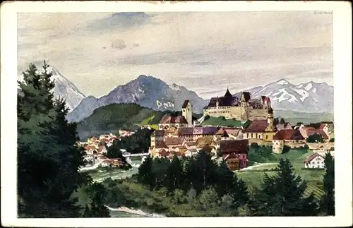 Ak Füssen Allgäu, Blick auf den Ort und das Kloster
