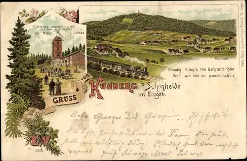Litho Schönheide im Erzgebirge Sachsen, Gruß vom Kuhberg, Prinz Georg Turm, Neuheide
