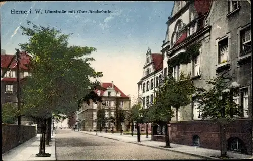 Ak Herne im Ruhrgebiet Nordrhein Westfalen, Lönsstraße mit Oberrealschule