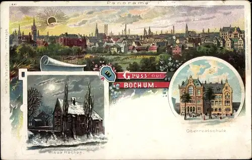 Litho Bochum im Ruhrgebiet, Panorama, Haus Rechen im Winter, Oberrealschule