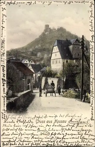 Ak Nassau an der Lahn, Straßenpartie, Burg im Hintergrund
