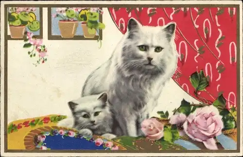 Künstler Ak Weiße Katze mit Kätzchen, Rosen