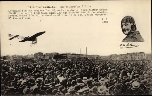 Ak Aviateur Leblanc, sur monoplan Blériot, Pilot, Flugpionier