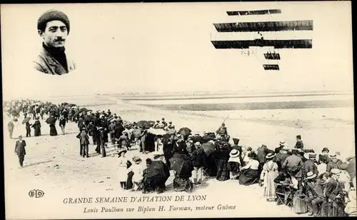Ak Grande Semaine d'Aviation de Lyon, Louis Paulhan sur Biplan H. Farman