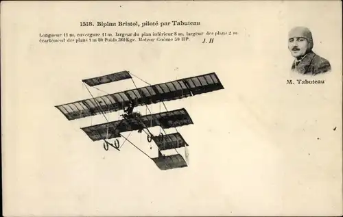 Ak Biplan Bristol, pilote par Tabuteau, Doppeldecker, Flugpionier