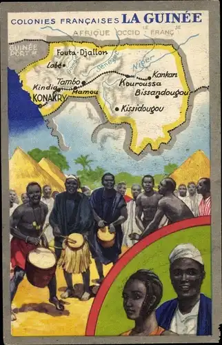 Landkarten Ak Colonies Francaises, La Guinee, Trommel spielende Menschen