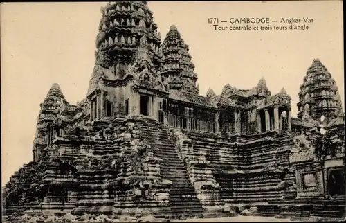 Ak Kambodscha, Angkor Vat, Tour centrale et trois tours d'angle