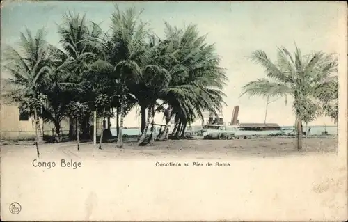 Ak Boma Congo Belge DR Kongo Zaire, Cocotiers au Pier