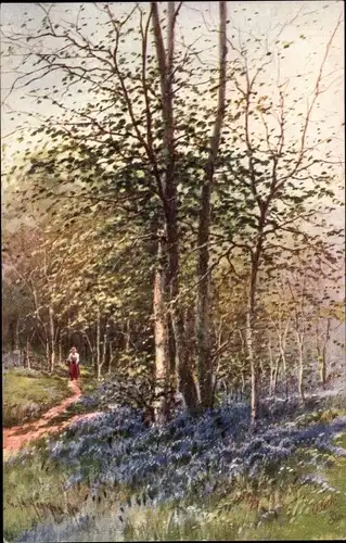 Künstler Ak Devon England,, Partie im Wald, Blühende Bäume