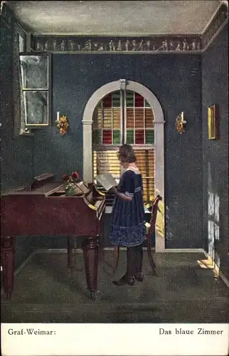Künstler Ak Graf-Weimar, Das blaue Zimmer, Mädchen am Klavier