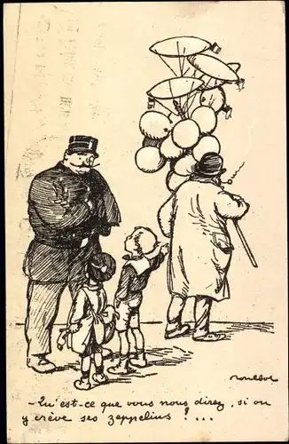 Künstler Ak Poulbot, Francisque, Kinder, Polizist, Ballonverkäufer mit Zeppelinballons