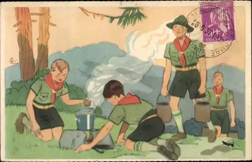 Künstler Ak Pfadfinder, Kochstelle im Freien