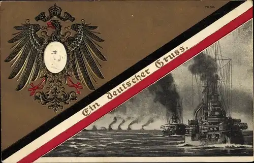 Präge Wappen Ak Ein deutscher Gruß, Kriegsschiffe, Kaiserliche Marine