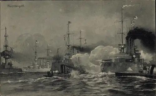 Ak Deutsche Kriegsschiffe bei einem Nachtangriff, Hochseeflotte, Kaiserliche Marine