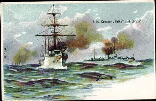 Litho Deutsche Kriegsschiffe, SMS Falke, SMS Hela, Kleine Kreuzer, Kaiserliche Marine
