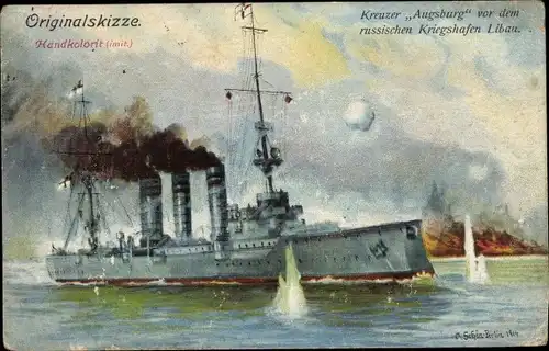Künstler Ak Schön, O., Liepaja Libau Lettland, Deutsches Kriegsschiff, SMS Augsburg, Kleiner Kreuzer