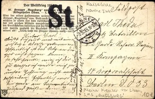 Künstler Ak Schön, O., Liepaja Libau Lettland, Deutsches Kriegsschiff, SMS Augsburg, Kleiner Kreuzer