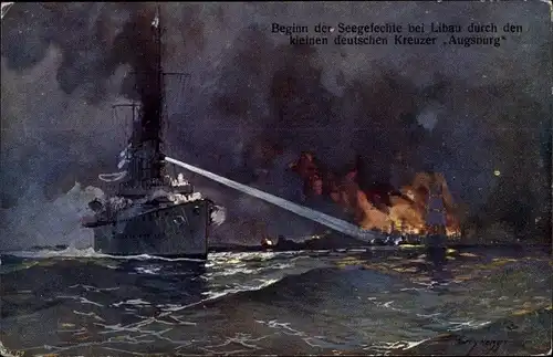 Künstler Ak Beginn der Seegefechte bei Libau, SMS Augsburg, Kleiner Kreuzer, Kaiserliche Marine